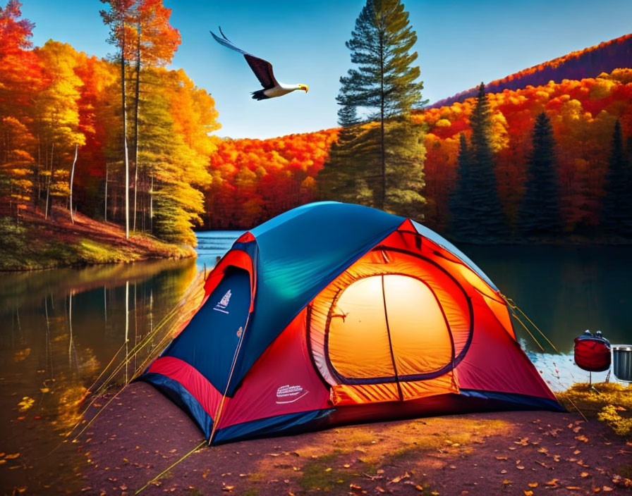 Colorful Camping Tent by Serene Lake with Autumnal Trees and Soaring Eagle