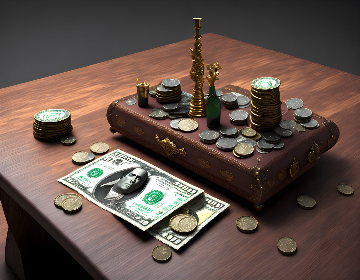 Brown Suitcase with Golden Embellishments, Coins, Candlestick Holder, Stacks of Coins,