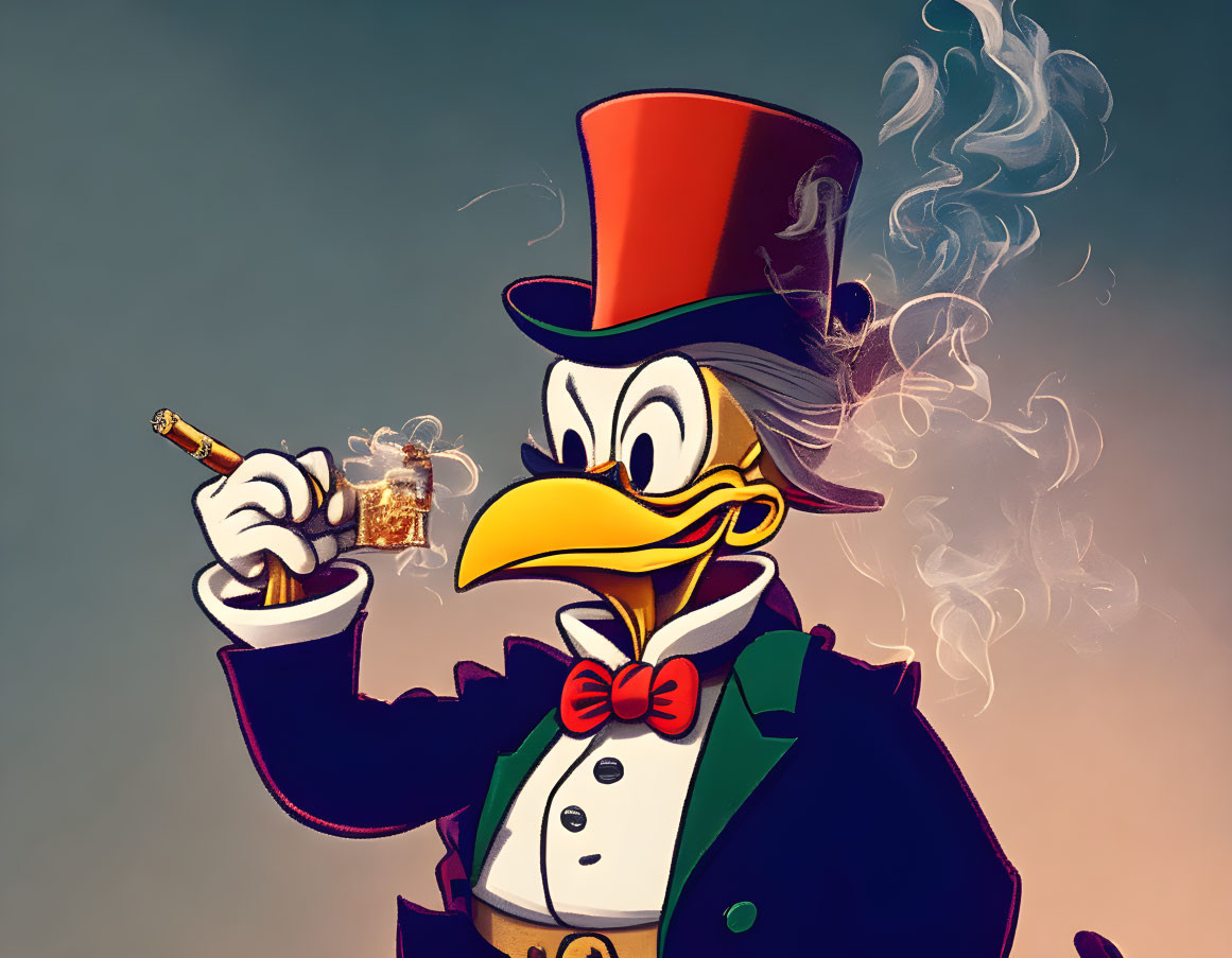 Stylized illustration of a duck in a red top hat and cigar