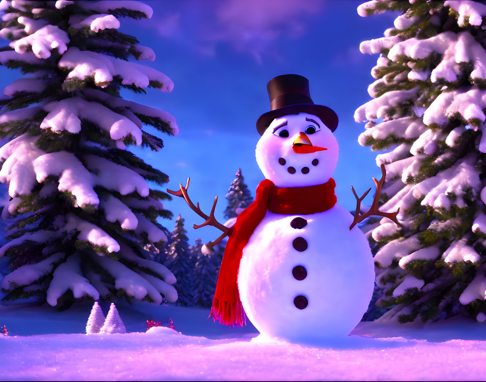 Snowman with Top Hat and Red Scarf in Snowy Twilight Scene