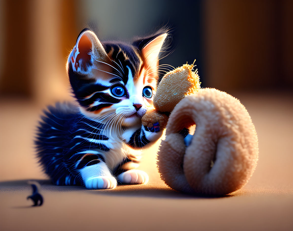 Animated kitten cuddles fuzzy teddy bear in cozy scene