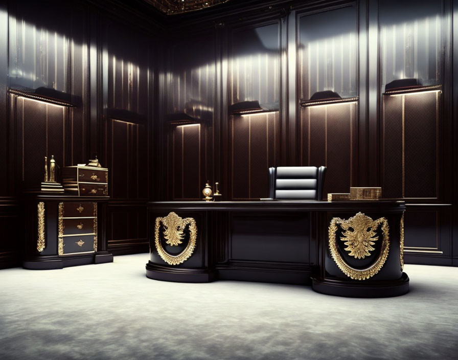 Luxurious office with dark wood paneling, gold-detailed desk, plush chair, ambient lighting