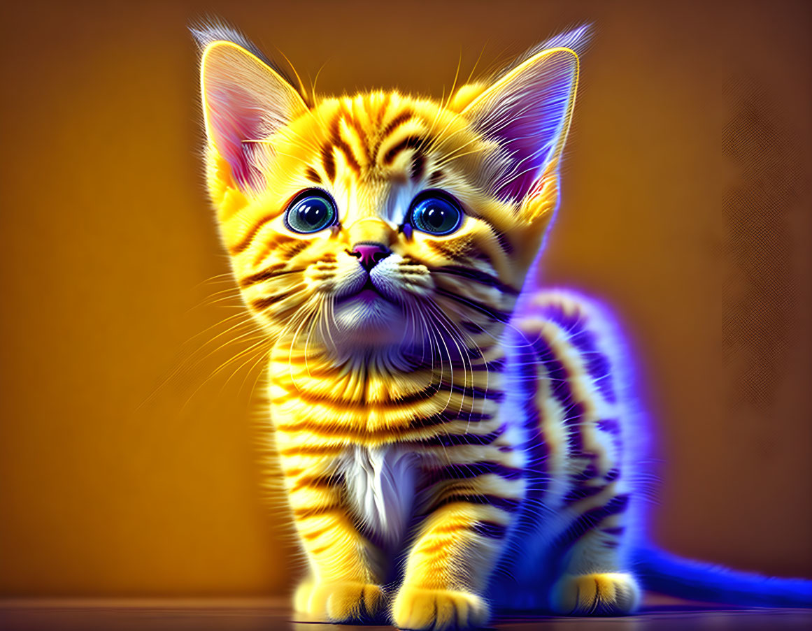 Colorful digital art: Whimsical kitten with big blue eyes and orange-striped fur