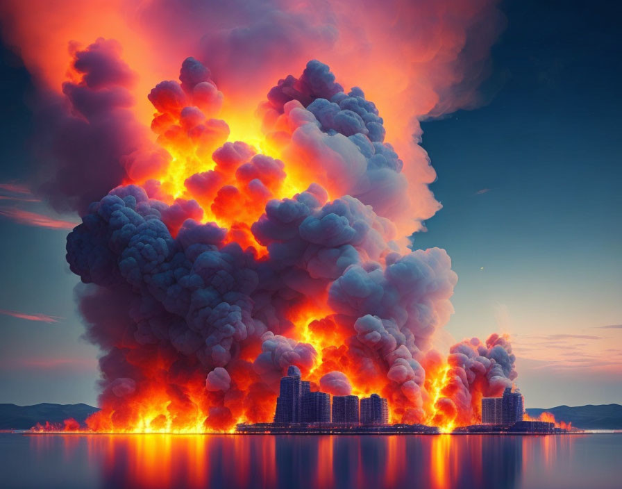 Explosive fire illuminates coastal city skyline at dusk