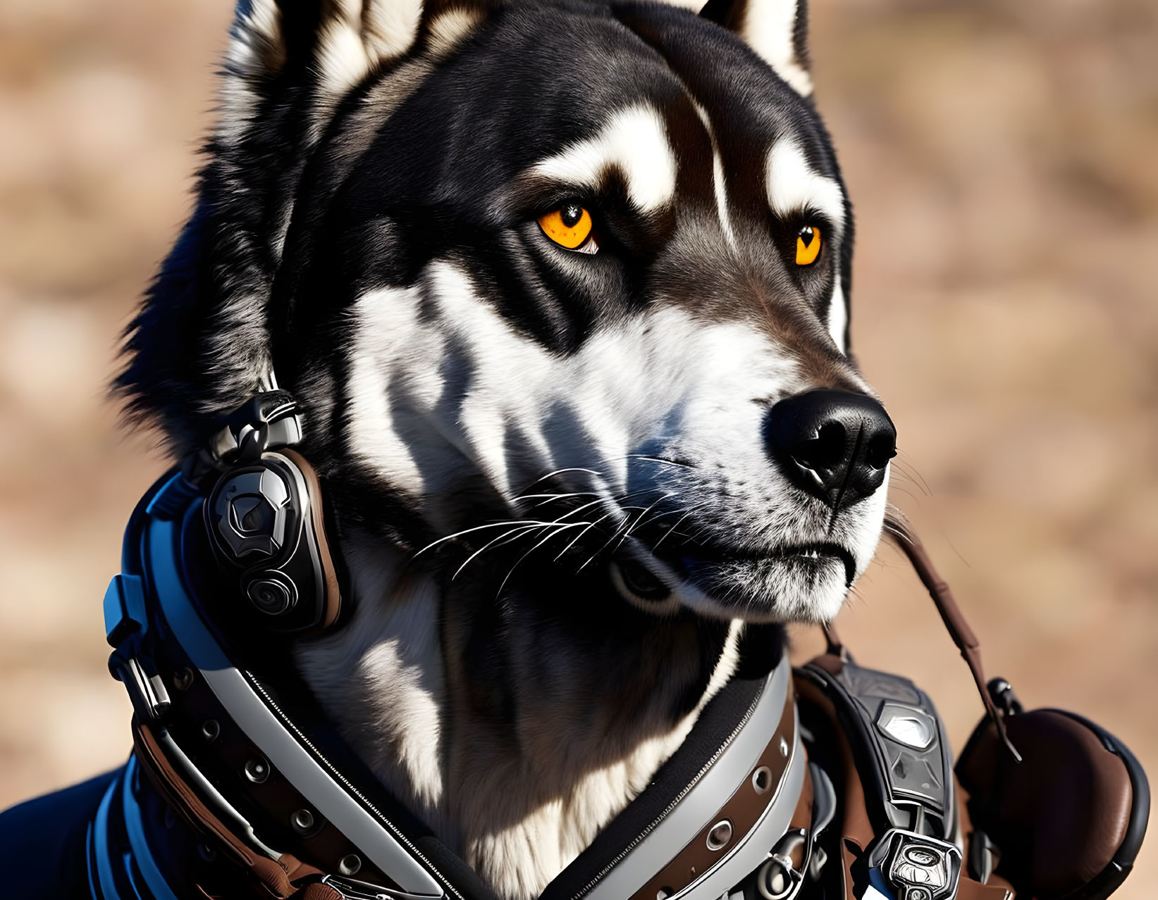 Hyper-realistic husky with orange eyes in futuristic attire on blurred background