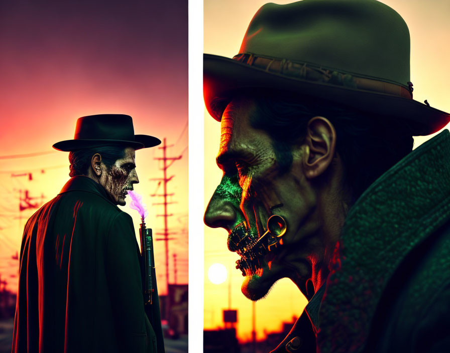 Person in skull-like makeup hat at sunset with ominous vibe