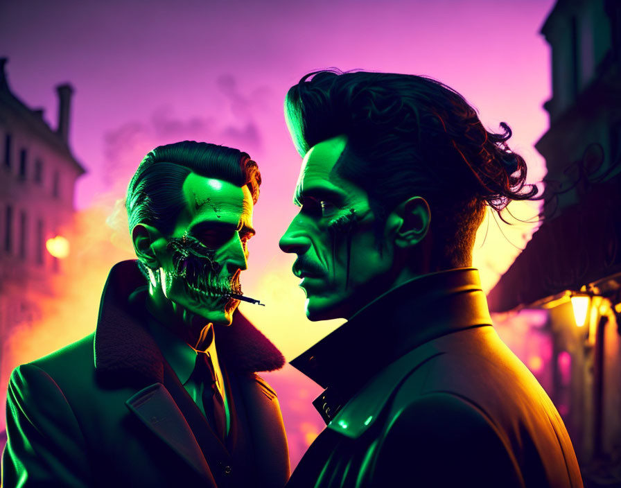 Stylized men with green neon lighting and skull face paint on city street at dusk