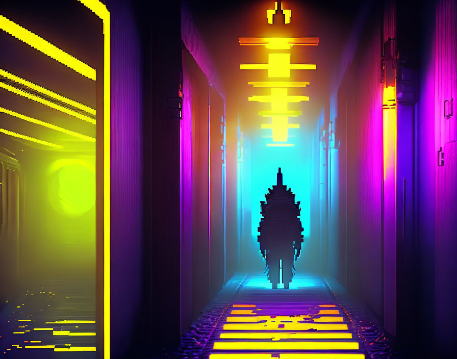 Colorful Neon-lit Digital Art Hallway with Silhouette Figure