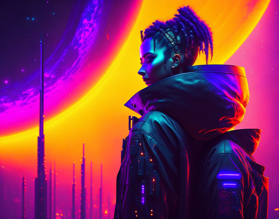 Futuristic portrait of person with mohawk in neon-lit cityscape