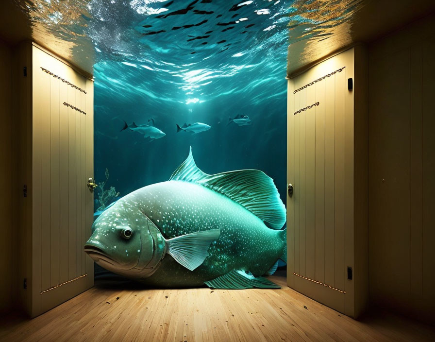 Photorealistic fish in underwater room with wooden floors and open locker doors