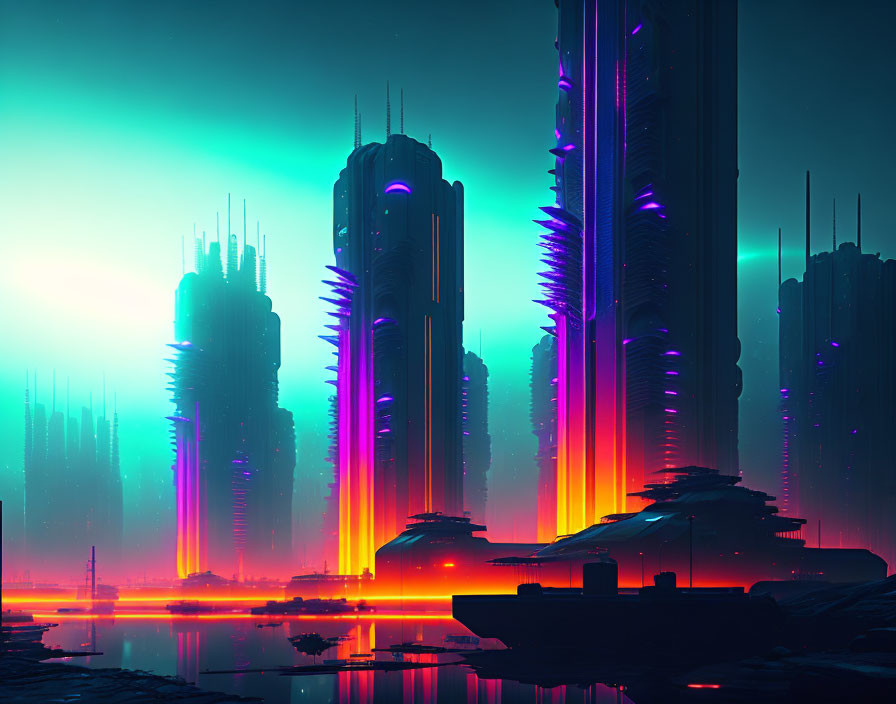 Futuristic neon-lit cityscape with skyscrapers reflected in water at dusk