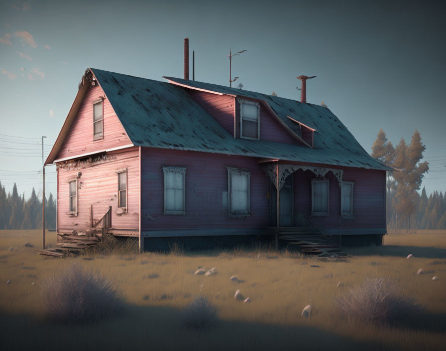 Dilapidated two-story house with damaged teal roof in dry grass under hazy dusk sky