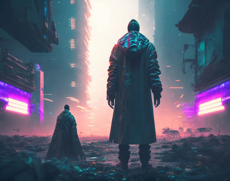 Futuristic figure in coat in dystopian city with neon lights