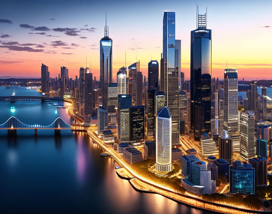 Modern city skyline at dusk with illuminated skyscrapers, reflecting on water.