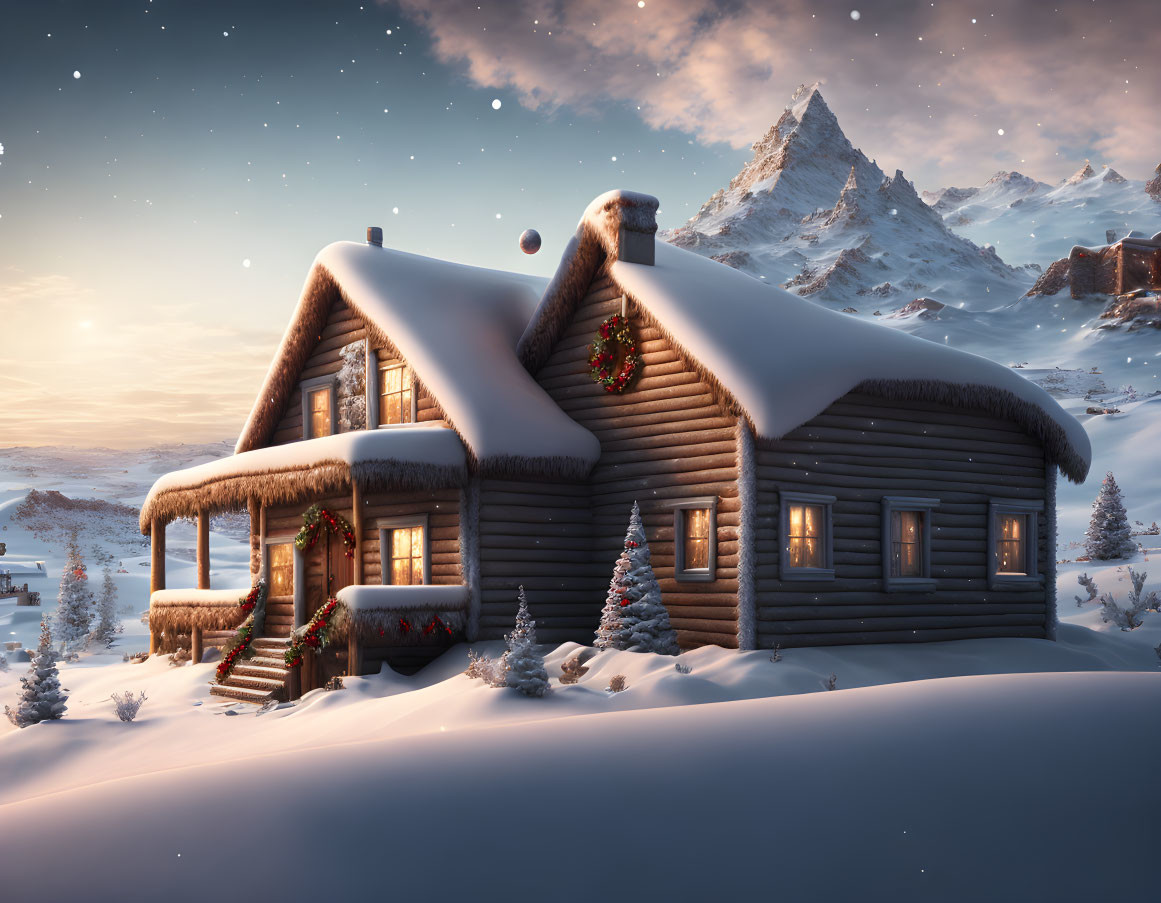 Snowy Twilight Scene: Festive Log Cabin & Mountain Backdrop