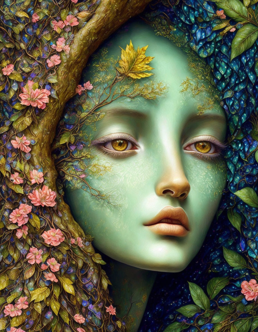 Female figure with green skin and nature elements in hair