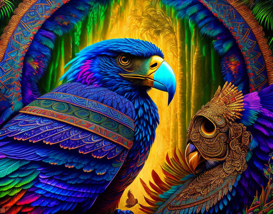 Colorful Digital Art: Two Intricate Parrots with Elaborate Feathers