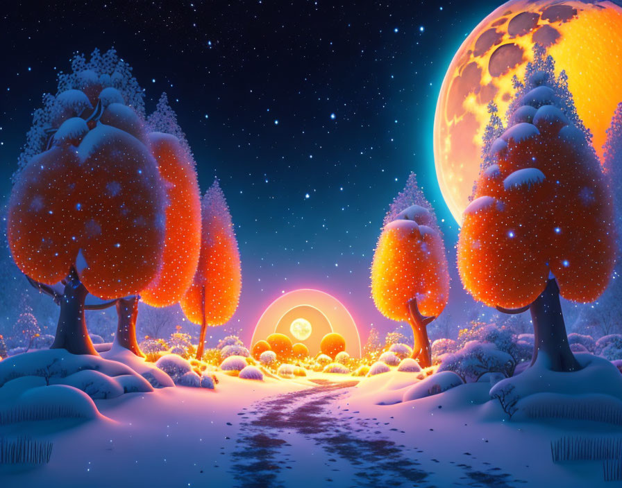 Snow-covered trees under starry sky with glowing full moon