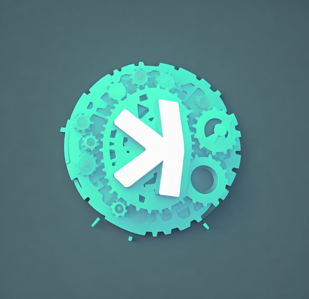 Stylized 3D round mechanism with interlocking gears and Yen symbol on dark background