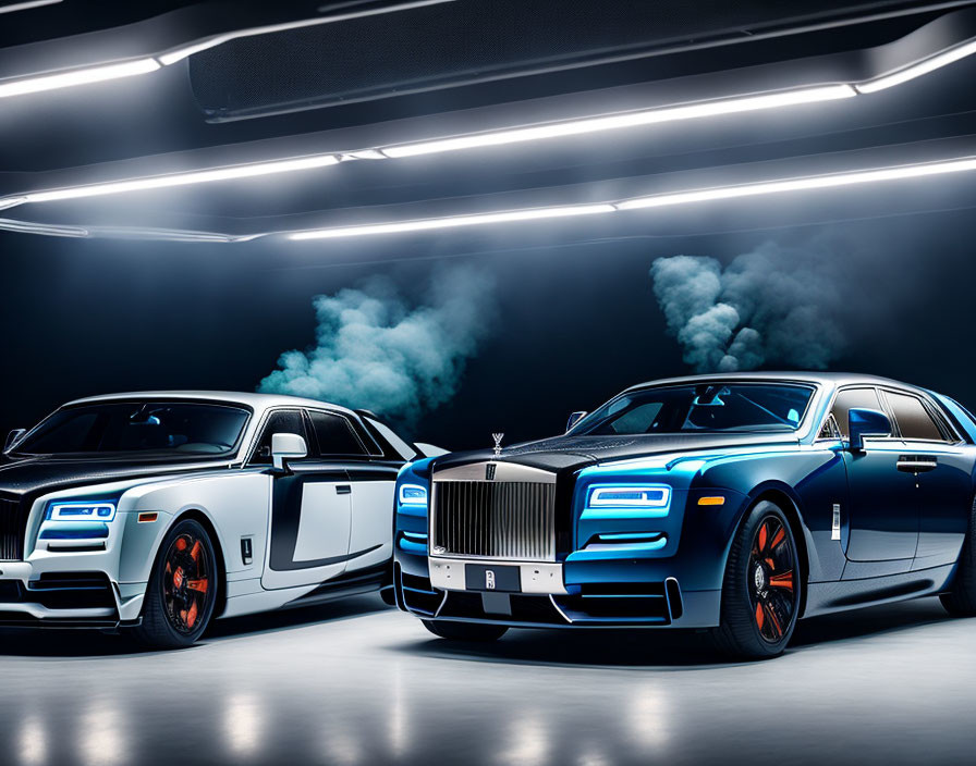 Luxury Rolls-Royce Cars with Neon Lighting and Blue Smoke in Showroom