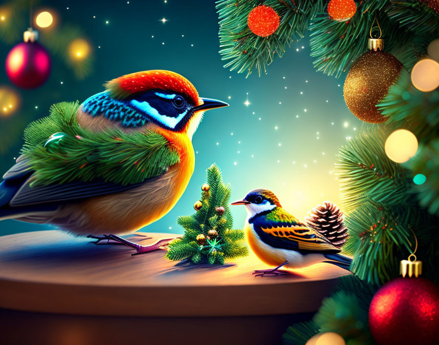 Colorful Birds on Wooden Surface with Christmas Decorations