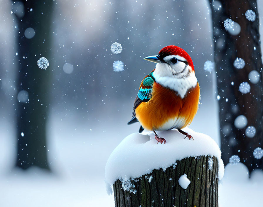 Colorful Bird with Red Cap Perched on Snow-Covered Stump in Winter Forest