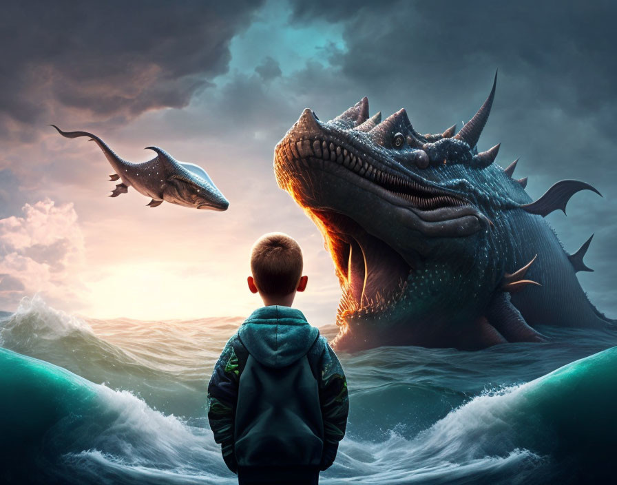 Boy faces fire-breathing dragon and flying reptile in dramatic scene.