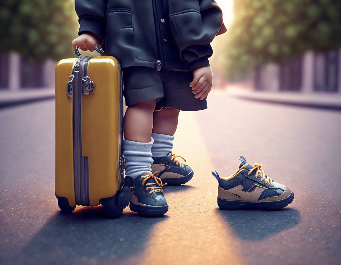 Child with oversized suitcase and shoes on road symbolizing travel.