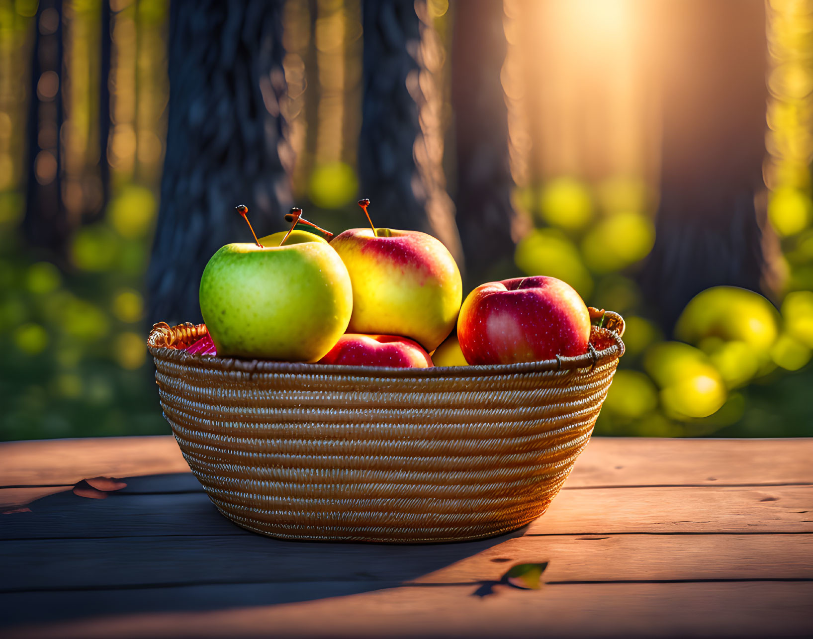 Ripe Apples in Basket on Wooden Table with Tree Background