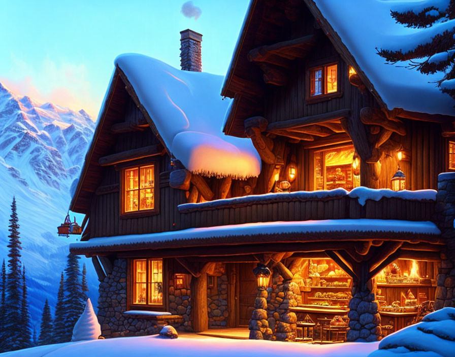 Snow-covered log cabin with warm light in twilight mountain setting