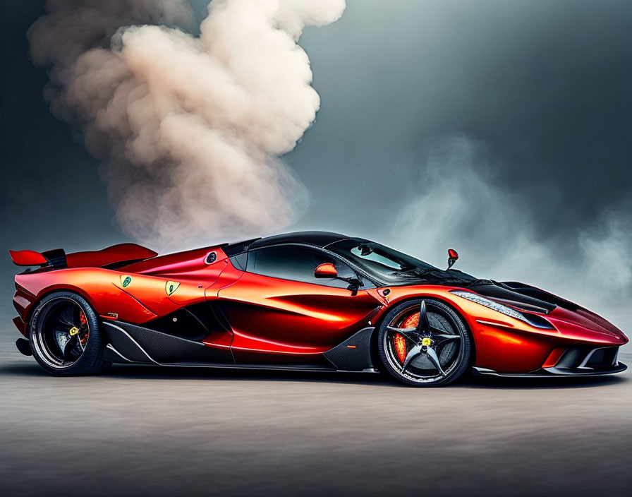 Red sports car with racing stripes and rear wing in dramatic setting