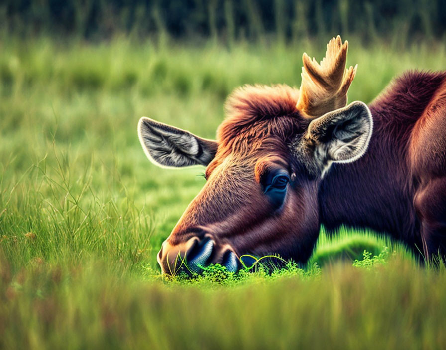 Moose with Broad Antlers Resting in Green Grass