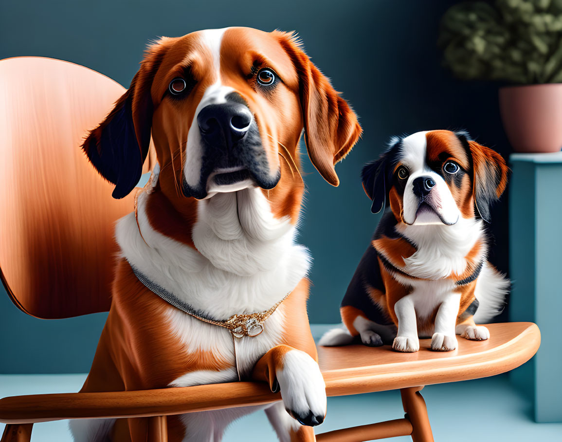 Realistic Animated Dogs Sitting on Wooden Chair