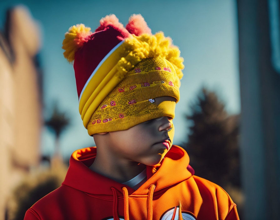 Person in red hoodie with colorful pompom beanie in warm sunlight