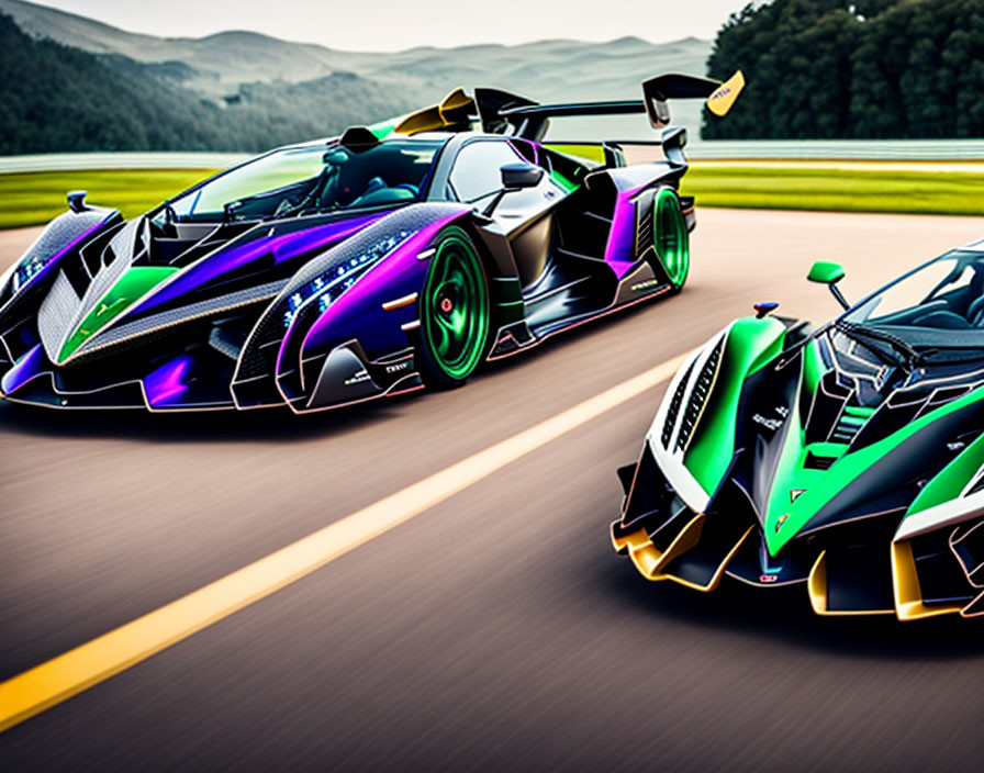 Colorful high-performance sports cars racing on track with aerodynamic designs