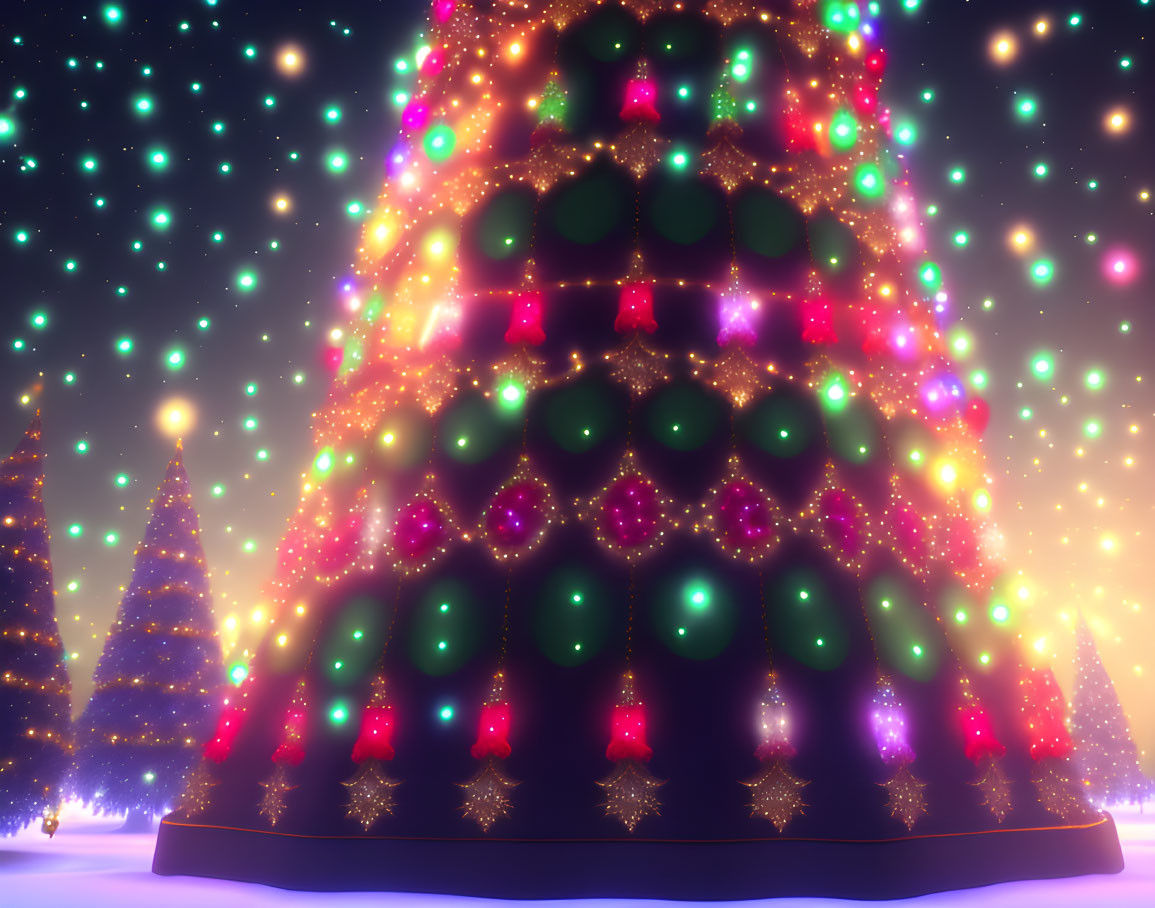 Festive Christmas trees with sparkling lights under starlit sky