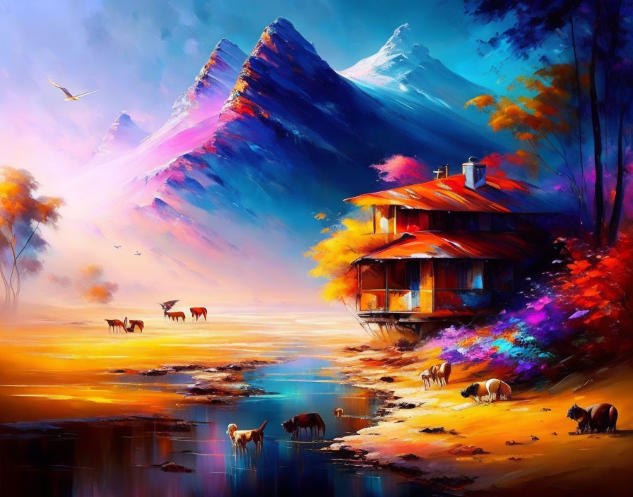 Colorful mountain landscape painting with cabin, water, animals, and sunrise/sunset