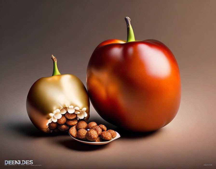 Digitally manipulated image of golden fruit with pearls and chocolates beside red fruit