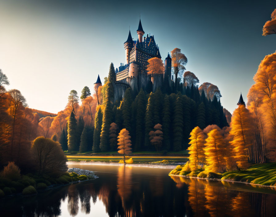 Majestic castle on hill with autumn trees and river reflections