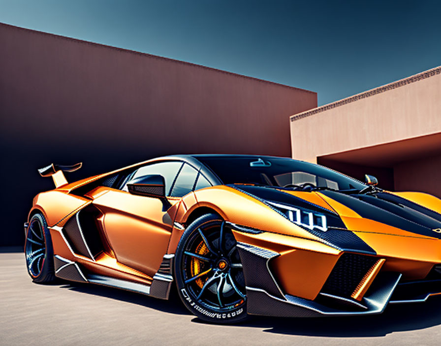 Orange and Black Sports Car with Angular Design and Rear Wing parked under Blue Sky