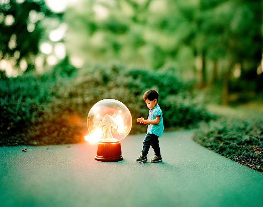 Child admires glowing snow globe in lush outdoor setting