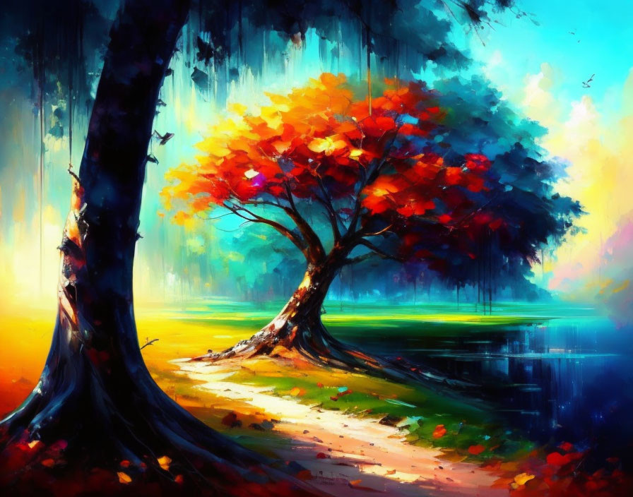 Colorful autumn tree painting by tranquil lake