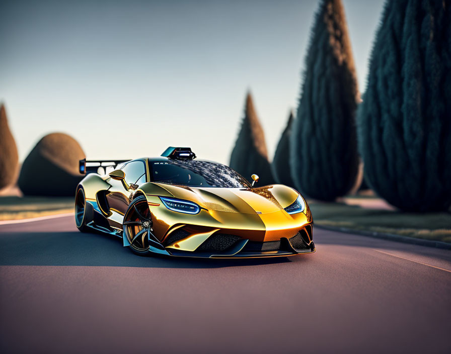 Golden and Black Sports Car on Road at Sunset