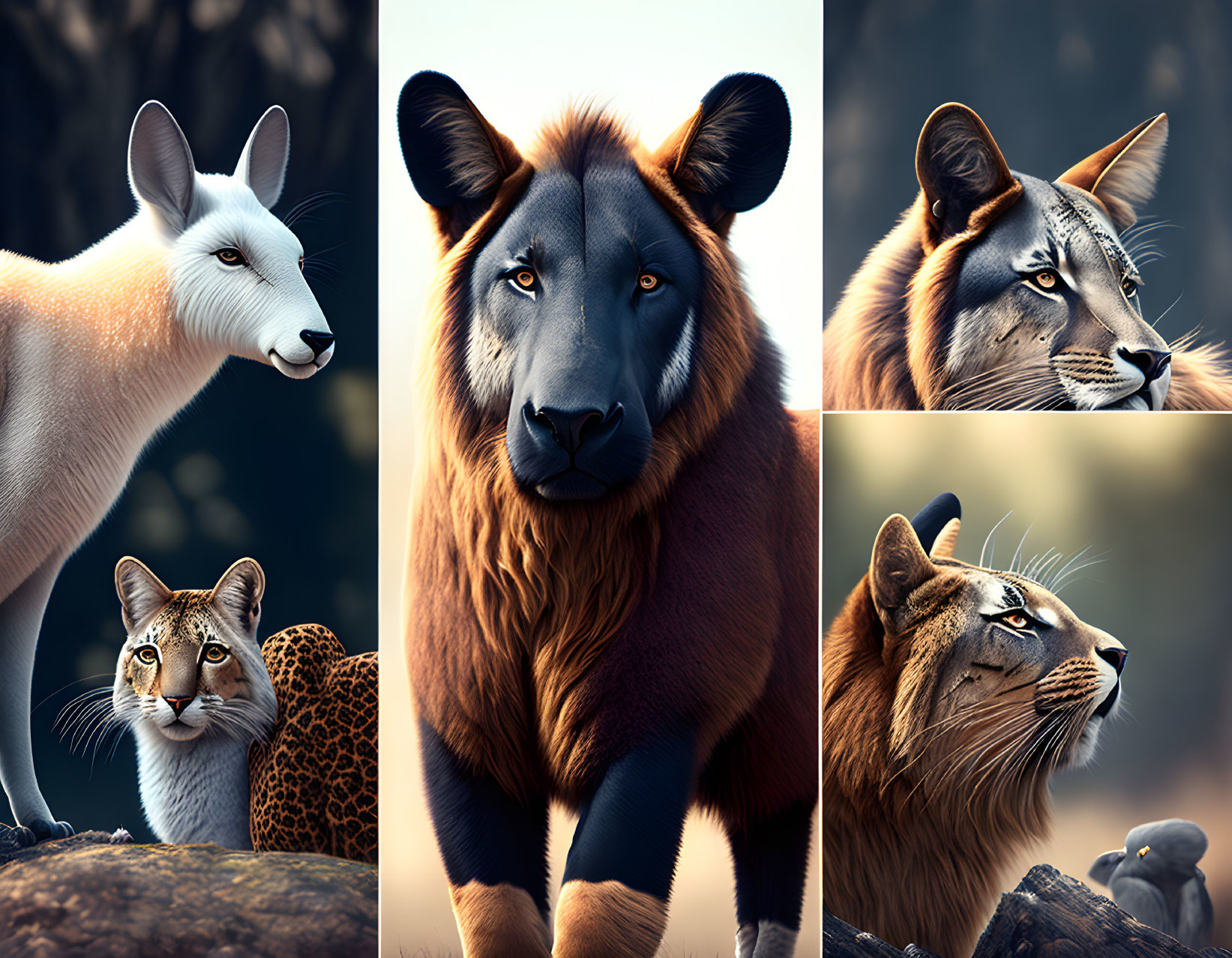 Stylized digital artwork: White fox, lion with human-like face, cheetah with lyn