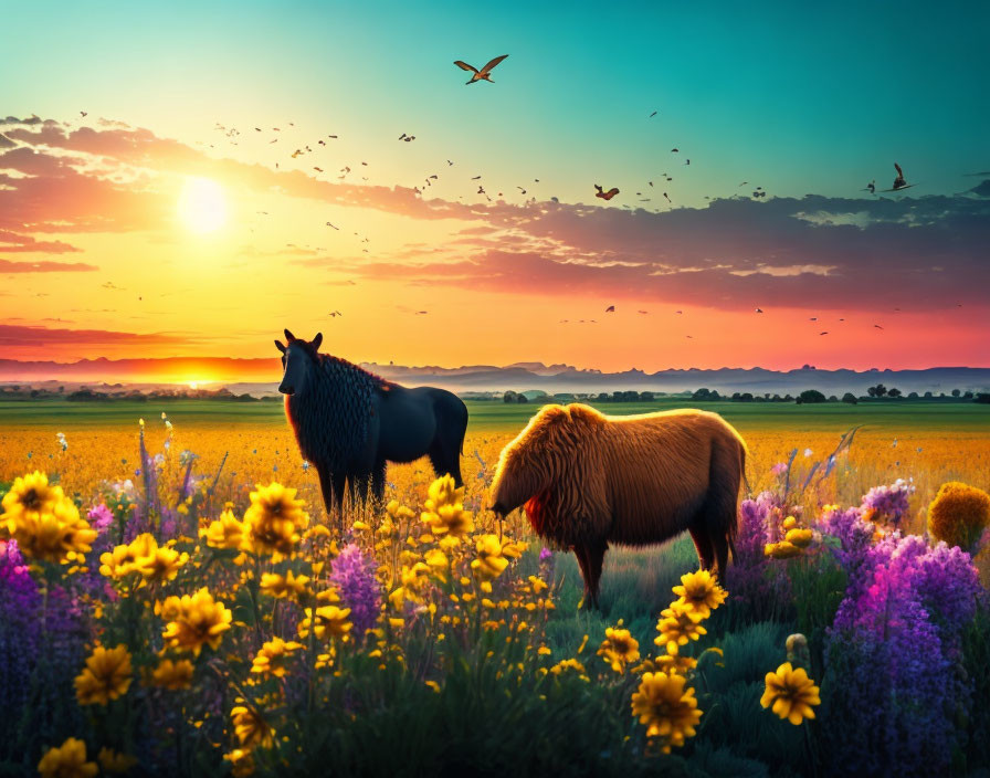 Vibrant flower field with grazing horses at sunset