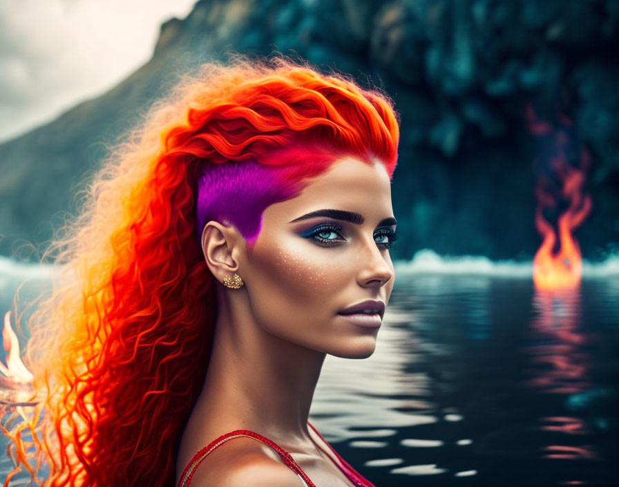 Vibrant red and orange haired woman with striking makeup by misty mountain lake