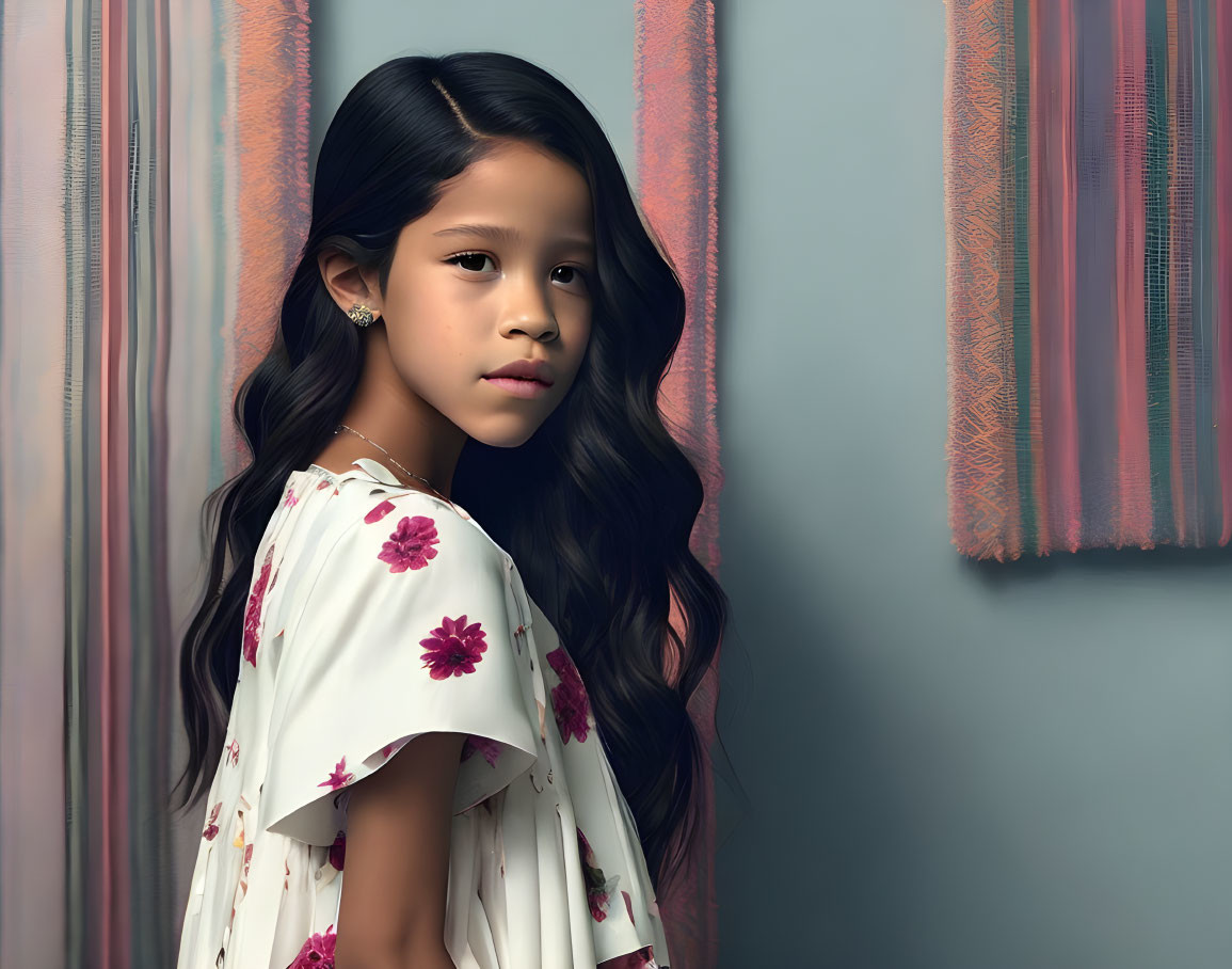 Young girl with long wavy hair in floral dress by textured curtain