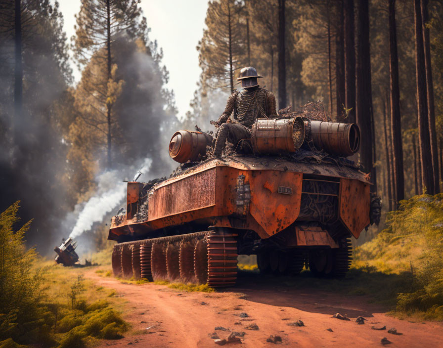 Man in hat driving rusty tank through forest with logs and smoke trail