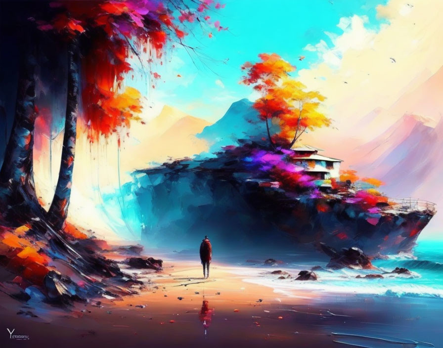 Colorful digital artwork of person on beach with trees and cliff-top house.