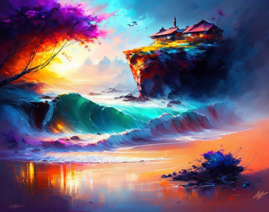 Digital Artwork: Cliff-Top Temple Overlooking Turbulent Sea at Sunset